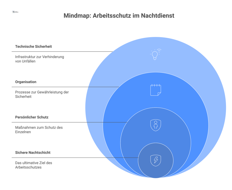 Mindmap: Arbeitsschutz im Nachtdienst Mindmap zum Arbeitsschutz im Nachtdienst mit den Hauptkategorien technische Sicherheit, Organisation und persönlicher Schutz für eine sichere Nachtschicht.