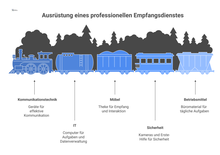 Infografik über die Ausrüstung eines Empfangsdienstes, unterteilt in die Kategorien Kommunikation, IT, Möbel, Sicherheit und Betriebsmittel mit Icons.