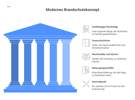  Infografik eines Gebäudes im Schnitt, die ein Brandschutzkonzept mit zwei Fluchtwegen, Feuerschutztür, Rauchmeldern und einem Sammelpunkt zeigt.
