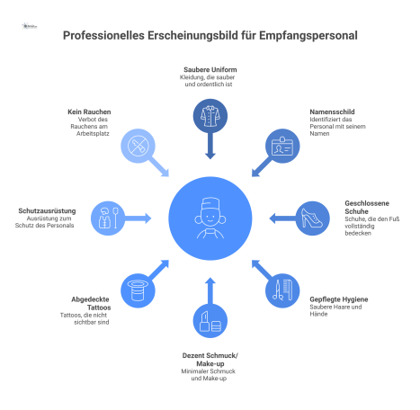 Infografik zum professionellen Erscheinungsbild: Person in Uniform mit Icons für Hygiene, dezenten Schmuck, abgedeckte Tattoos und Rauchverbot.