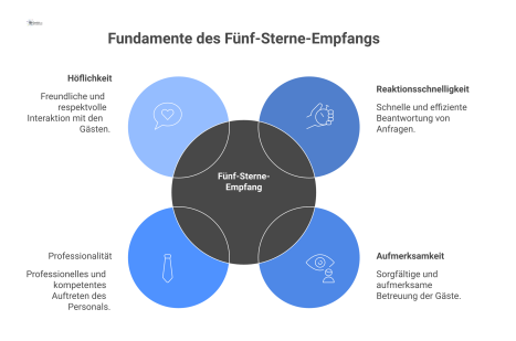  Infografik, die die vier Säulen eines Fünf-Sterne-Empfangs darstellt: Reaktionsschnelligkeit, Aufmerksamkeit, Professionalität und Höflichkeit, jeweils mit Icons.