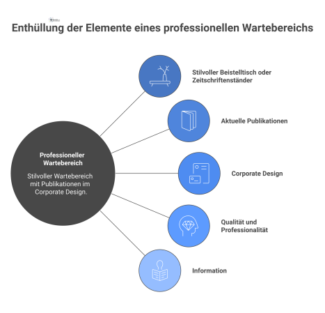  Ein Beistelltisch im Corporate Design mit ordentlich platzierten Firmenbroschüren, Zeitschriften und Zeitungen in einem professionellen und sauberen Wartebereich.