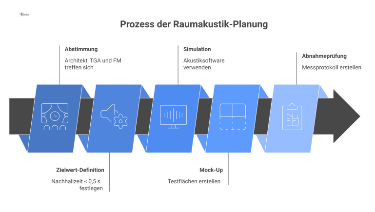 Flussdiagramm des Prozesses zur Raumakustik-Planung, das fünf sequenzielle Schritte von der Abstimmung bis zur Abnahmeprüfung mit Icons darstellt.