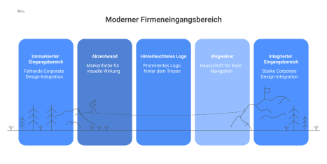 Diagramm eines modernen Firmeneingangsbereichs, das die Integration von Corporate Design durch eine Akzentwand, ein Logo und Wegweiser zeigt.