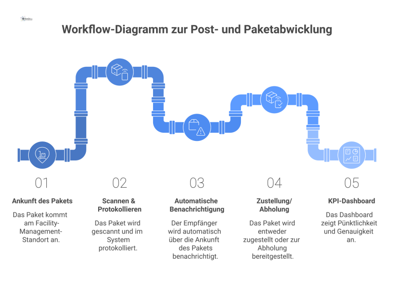 Workflow-Diagramm zur Post- und Paketabwicklung Ein Workflow-Diagramm, das die vier Schritte der effizienten Paketabwicklung von Ankunft bis Zustellung mit einem KPI-Dashboard für Pünktlichkeit zeigt.