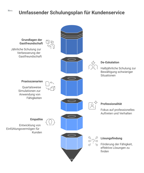 Diagramm, das einen Schulungsplan für Empfangspersonal mit drei Modulen und deren Frequenzen (jährlich, halbjährlich, quartalsweise) visualisiert.