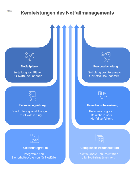  Infografik mit einem Bürogebäude im Zentrum, umgeben von sechs Icons, die die Kernleistungen des Notfallmanagements wie Pläne und Schulungen darstellen.