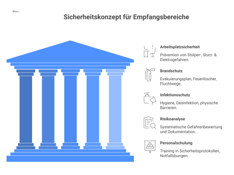  Infografik zu den fünf Säulen eines Sicherheitskonzepts für Empfangsbereiche: Arbeitsplatzsicherheit, Brandschutz, Infektionsschutz, Risikoanalyse und Personalschulung.