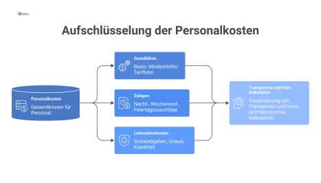  Infografik zur Aufschlüsselung von Personalkosten in die drei Bereiche Grundlöhne, Zulagen und Lohnnebenkosten zur Visualisierung einer fairen Kalkulation.