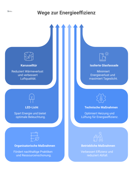  Infografik eines modernen, energieeffizienten Empfangsbereichs mit Icons für technische und organisatorische Maßnahmen, die in einem Dashboard zusammenlaufen. 