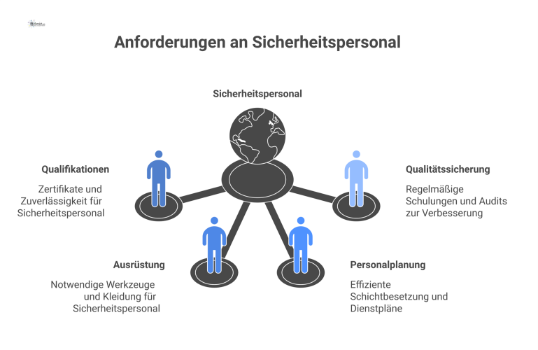 Anforderungen an Sicherheitspersonal Mindmap Mindmap-Infografik über die Anforderungen an Sicherheitspersonal, unterteilt in die vier Bereiche Qualifikationen, Ausrüstung, Personalplanung und Qualitätssicherung.