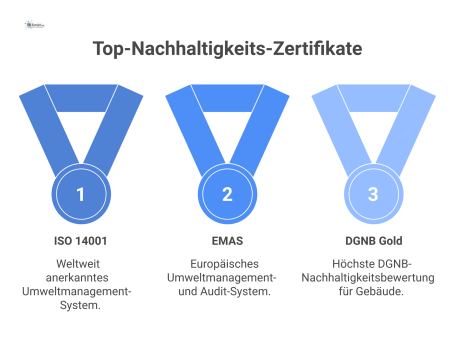 Moderner Empfangsbereich eines Industrieunternehmens, der verschiedene Nachhaltigkeits-Zertifikate an der Wand, auf dem Tresen und auf einem Display präsentiert.