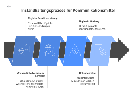  Flussdiagramm, das den Instandhaltungsprozess für Kommunikationsmittel mit täglichen, wöchentlichen und geplanten Wartungsschritten sowie der abschließenden Dokumentation visualisiert.
