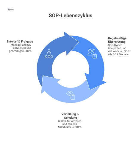 Kreisförmiges Flussdiagramm des SOP-Lebenszyklus mit den drei Phasen Entwurf und Freigabe, regelmäßige Überprüfung sowie Verteilung und Schulung.