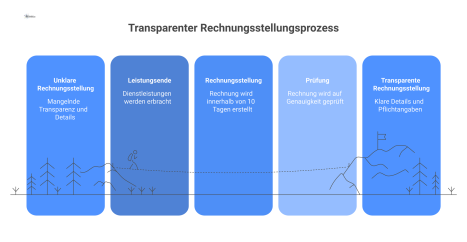 Eine Infografik, die den Rechnungsstellungsprozess als Flussdiagramm darstellt und den Aufbau einer Rechnung mit allen Pflichtangaben visualisiert.