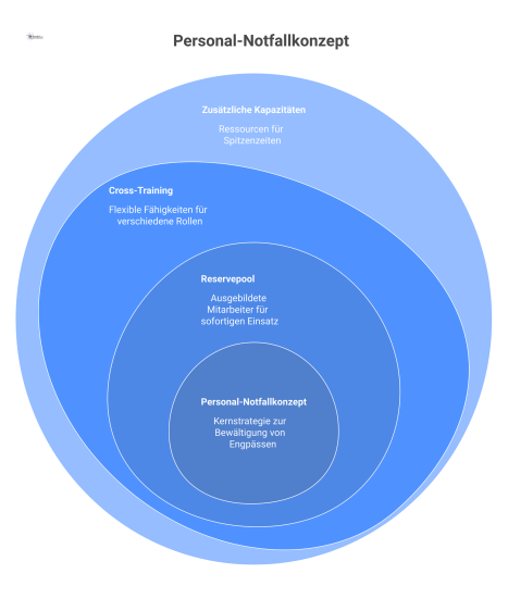 Eine Infografik, die das Personal-Notfallkonzept mit seinen drei Säulen Reservepool, Cross-Training und zusätzlichen Kapazitäten zur Bewältigung von Personalknappheit zeigt.