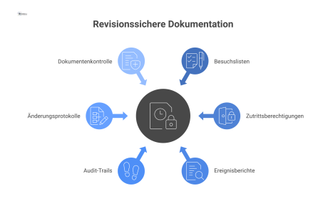 Flussdiagramm eines Systems zur revisionssicheren Dokumentation, das Dokumente in einer zentralen Datenbank für Audits und Behörden verarbeitet. 
