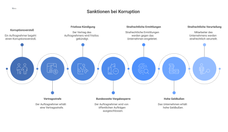 Flussdiagramm über die Eskalationsstufen von Sanktionen bei Korruption, das vertragliche, administrative und strafrechtliche Folgen für einen Auftragnehmer darstellt.