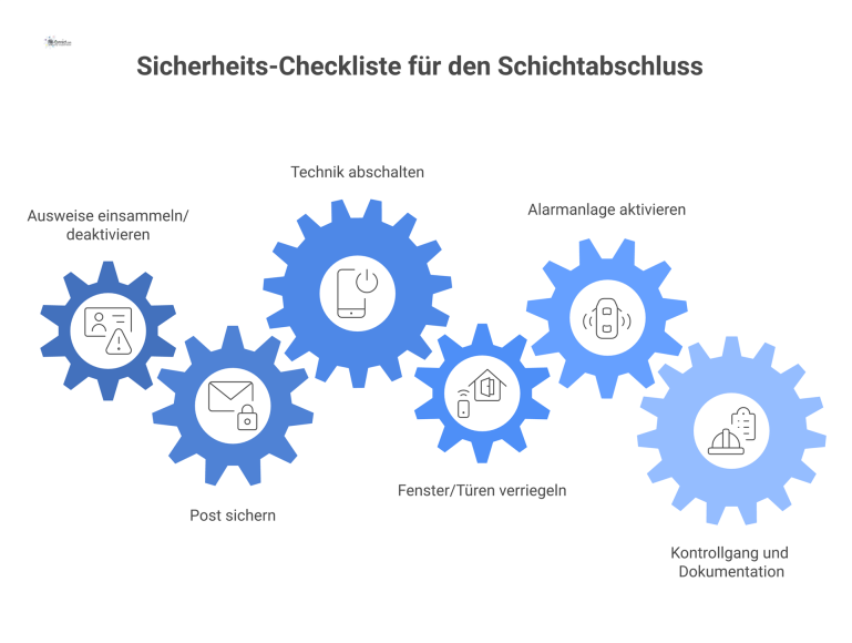  Infografik einer Sicherheits-Checkliste für den Schichtabschluss, die die Schritte Ausweise, Post, Technik, Fenster, Alarmanlage und Kontrollgang mit Icons darstellt.