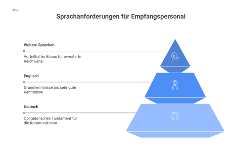 Pyramiden-Diagramm der Sprachanforderungen für Empfangspersonal mit drei Ebenen: Deutsch (fließend), Englisch (Grundkenntnisse bis sehr gut) und weitere Sprachen. 
