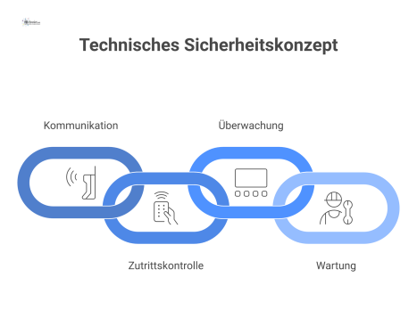  Infografik eines technischen Sicherheitskonzepts mit vier Hauptbereichen: Kommunikation, Zutrittskontrolle, Überwachung und Wartung, die durch Icons visualisiert werden. 