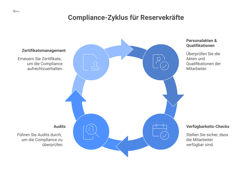 Compliance-Zyklus für Reservekräfte Infografik eines zyklischen Prozesses zur Compliance-Überwachung von Reservekräften mit vier Schritten: Personalakten, Verfügbarkeit, Audits und Zertifikatsmanagement.