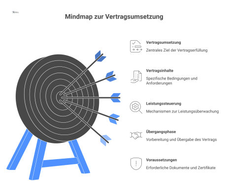 Mindmap mit dem zentralen Thema 'Vertragsumsetzung' und vier Hauptkategorien: Vertragsinhalte, Leistungssteuerung, Übergangsphase und Voraussetzungen.