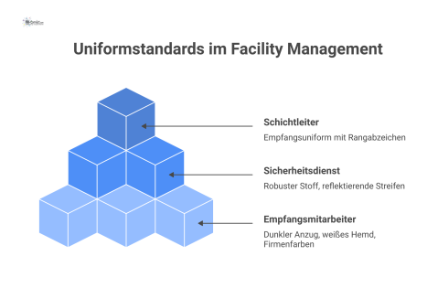  Drei Figuren visualisieren die Uniformstandards für Empfang, Sicherheitsdienst und Schichtleiter in einem formell-eleganten Stil mit Firmenlogos.