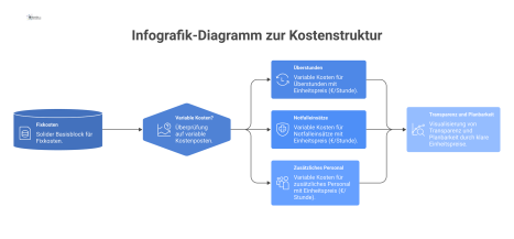 Infografik, die eine Kostenstruktur mit einem Basisblock für Fixkosten und flexiblen Blöcken für variable Kosten wie Überstunden zeigt.
