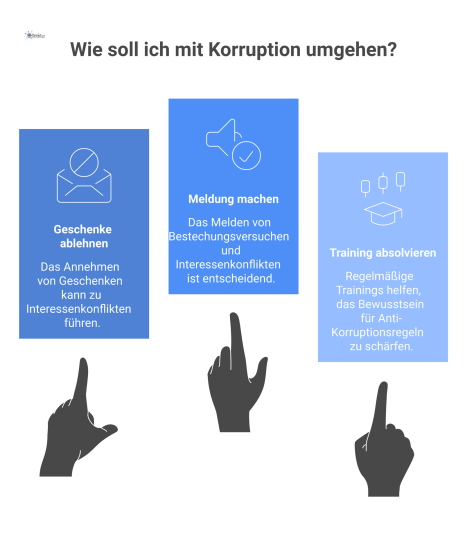  Infografik zu Anti-Korruptionsregeln: Visualisierung von Geschenkverbot, Meldepflicht und Schulungspflicht sowie der Konsequenzen bei Regelverstößen.