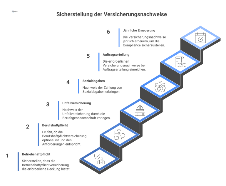  Infografik als Checkliste der vier Versicherungsnachweise für Unternehmen: Betriebshaftpflicht, Berufshaftpflicht, Unfallversicherung und Sozialabgaben, mit Zeitstrahl zur Vorlage.