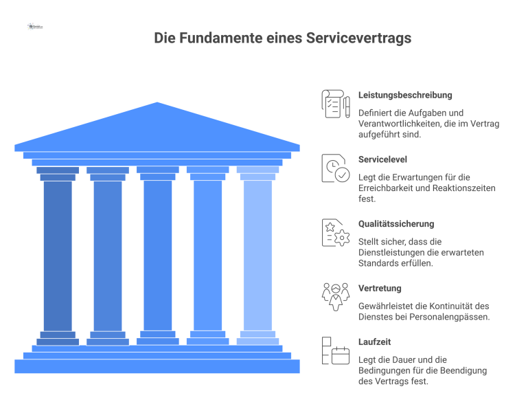 Die fünf Säulen eines Servicevertrags Infografik, welche die fünf Säulen eines Servicevertrags darstellt: Leistungsbeschreibung, Servicelevel, Qualitätssicherung, Vertretung und Laufzeit mit Icons.
