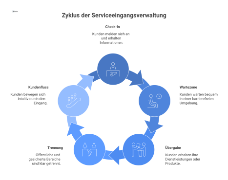  Grundriss eines modernen Serviceeingangs mit Zonen für Check-in, Warten und Übergabe sowie einem klaren Kundenfluss.