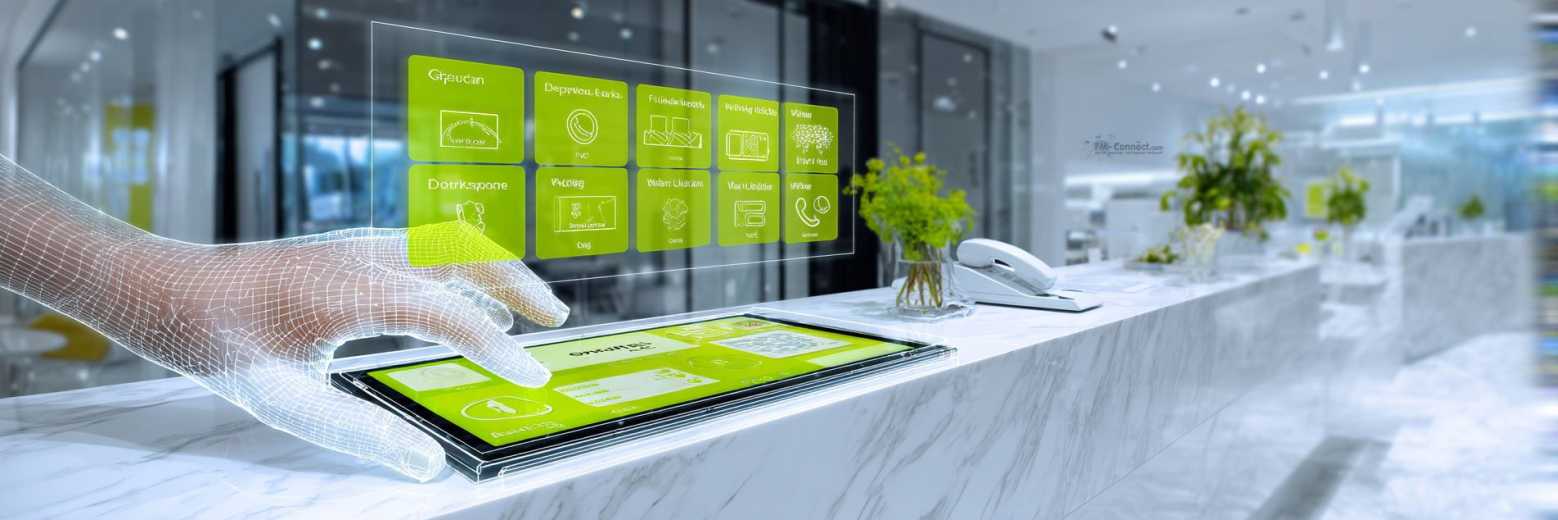 Ein Mitarbeiter nutzt ein Tablet für das elektronische Besuchermanagement an einem modernen Empfangstresen.